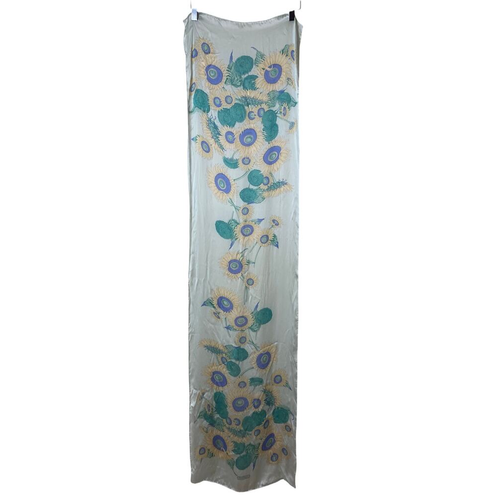 SALVATORE FERRAGAMO Vintage Silk Sunflower Print Pale Blue Long Length Scarf